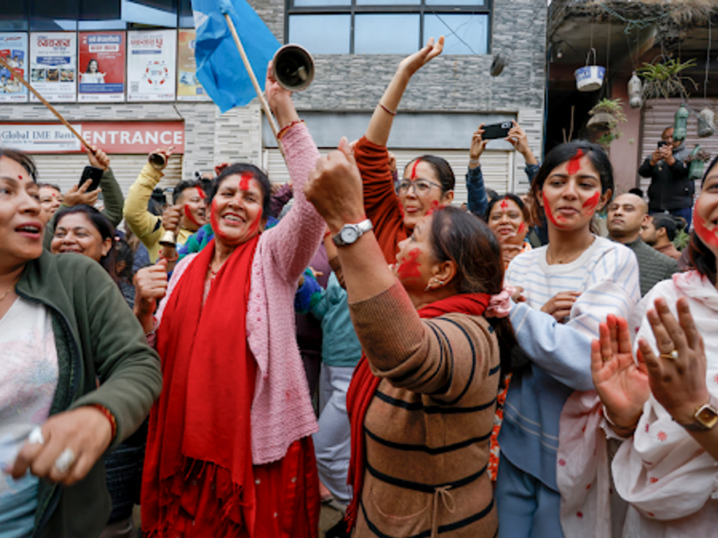 Supporters of Rastriya Swatantra Party celebrating election victory in Kathmandu Nepal