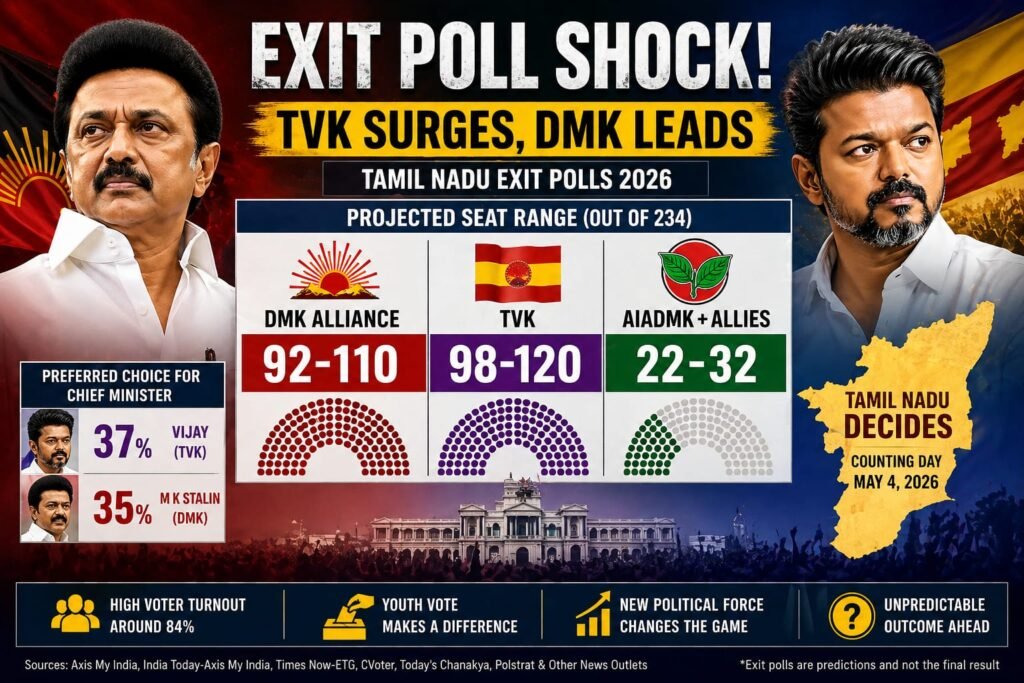 “Exit Poll Shock: TVK Surges, DMK Leads”

