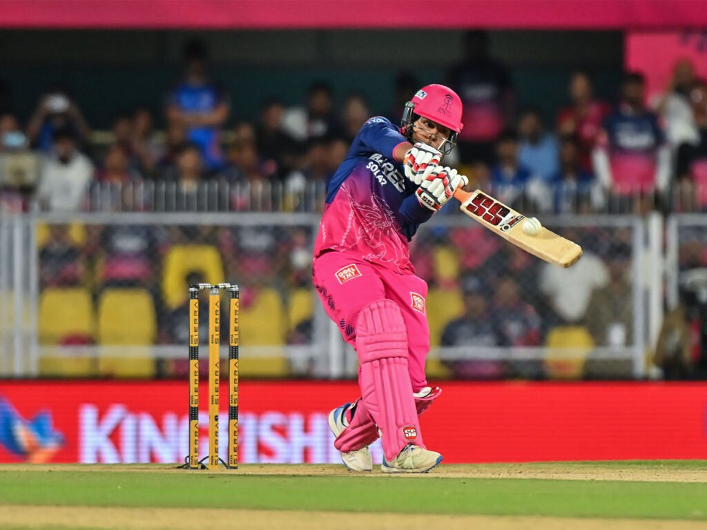 Vaibhav Suryavanshi smashing six during 78 off 26 innings against Royal Challengers Bengaluru in IPL 2026