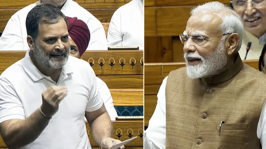 Narendra Modi vs Rahul Gandhi with India map highlighting state elections 2026