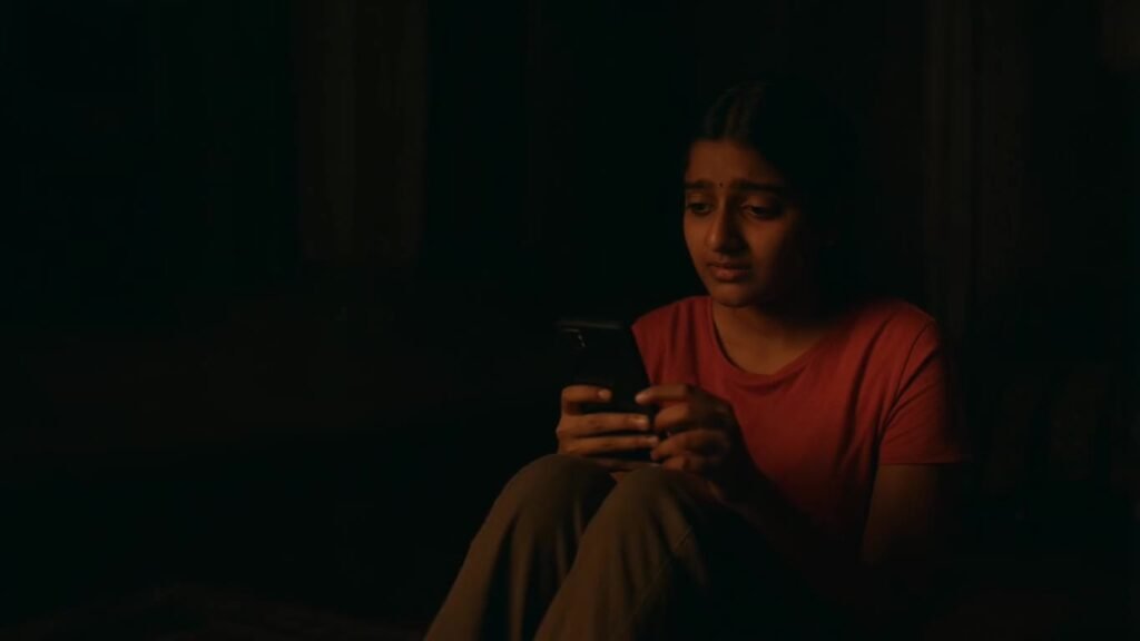 Close-up of a smartphone in a woman’s hand showing multiple creepy messages and missed calls. Behind her, a dark shadowy figure appears as if watching her. Night setting, high contrast lighting, thriller style, realistic.
