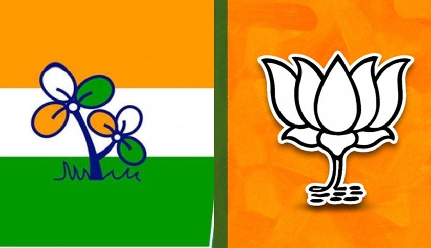 “split screen political battle, saffron vs green colors clashing, BJP lotus symbol vs TMC grass symbol, dramatic lightning, election war theme, cinematic style, no text”
