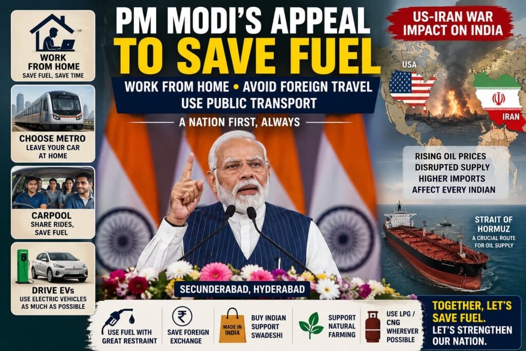 Narendra Modi asking Indians to save fuel and postpone foreign travel.