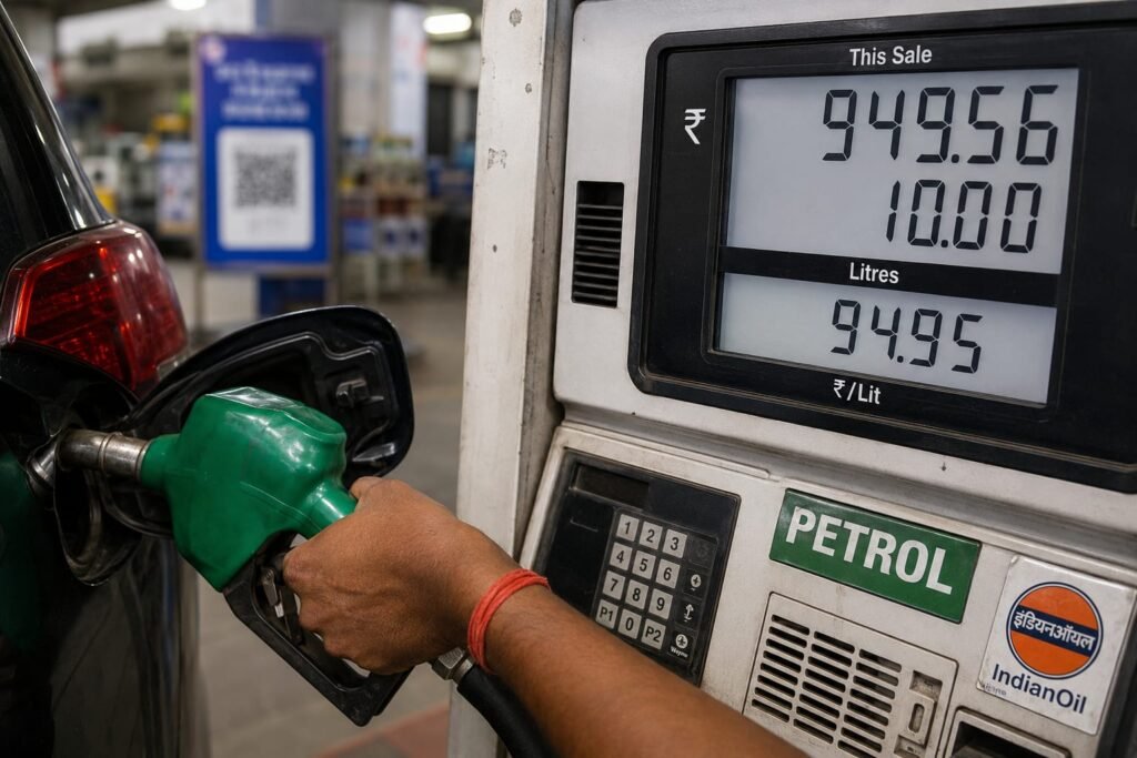 Close-up shot of a petrol pump display showing ₹94-95 per litre. A hand holding a nozzle. Real, relatable, everyday feel. No text overlay needed — price speaks for itself.

