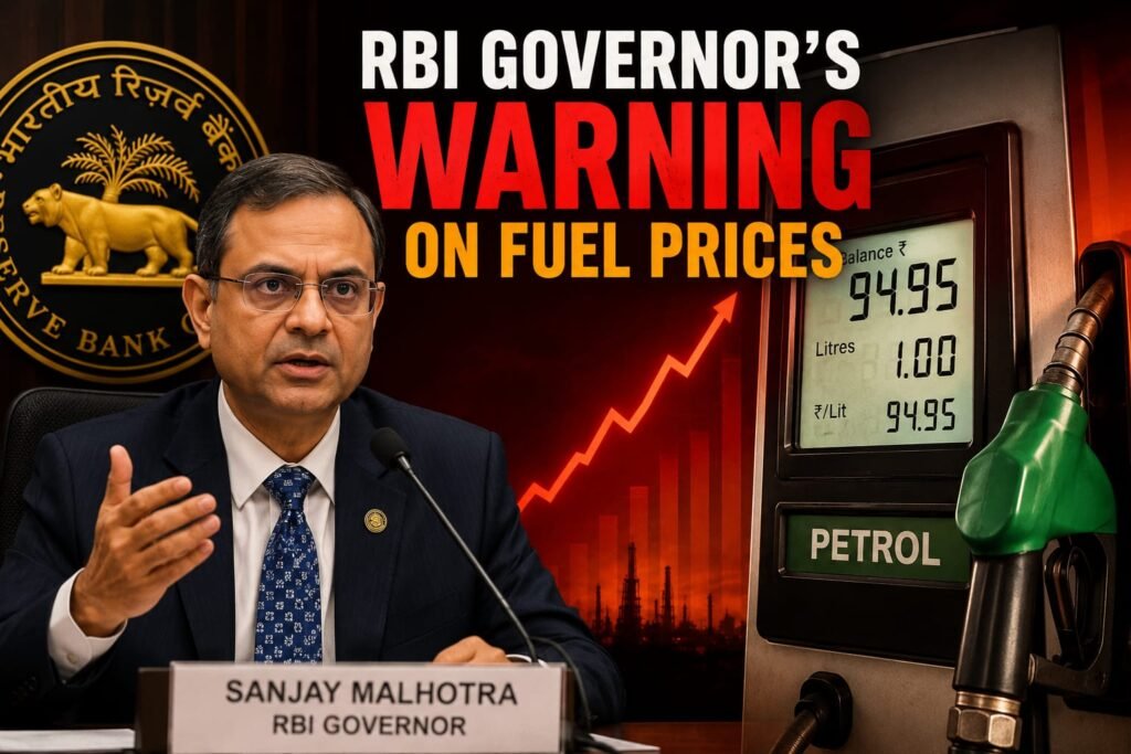 A split visual — left side shows RBI Governor Sanjay Malhotra at a podium (or a mic/conference setting), right side shows a petrol pump meter showing high price. Dark background with red/orange tones to show urgency.