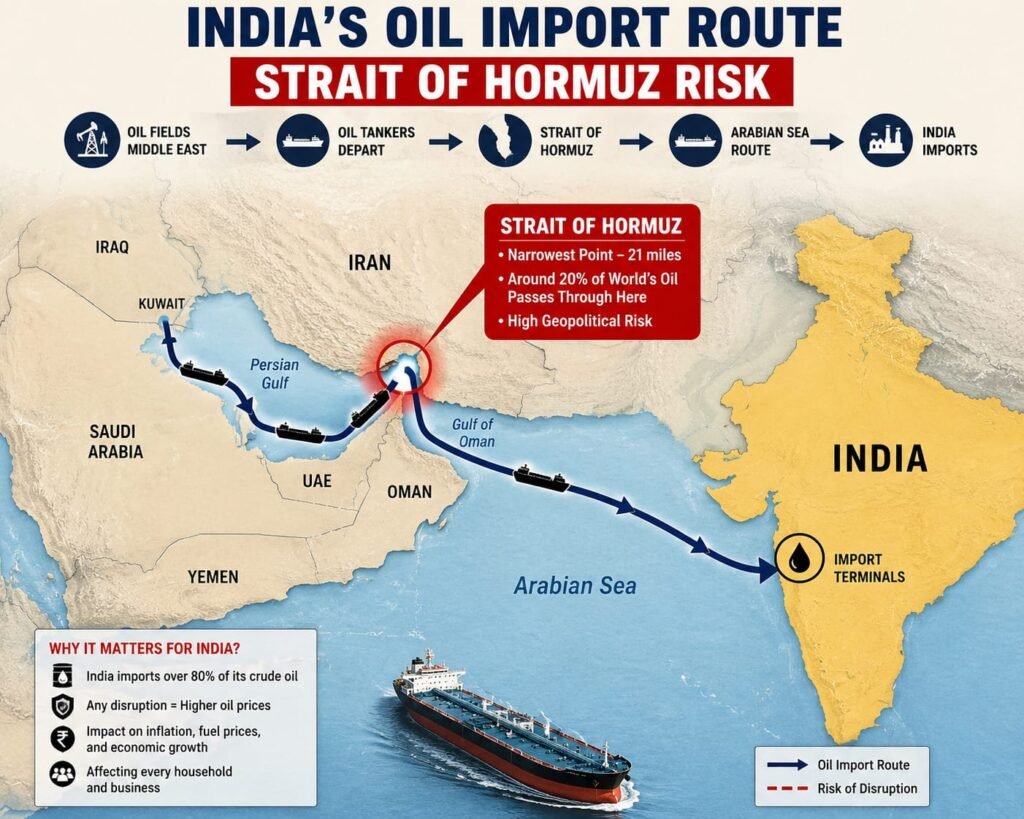 Simple map showing oil tanker route from Middle East to India, with the Strait of Hormuz highlighted in red. Arrows showing disruption. Infographic style, clean background.