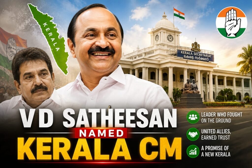 V D Satheesan stands in front of the Kerala Secretariat after being selected by Congress as the next Chief Minister of Kerala.