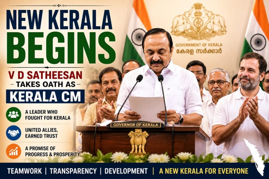 Artistic depiction of V D Satheesan taking the oath as the new Chief Minister of Kerala.
