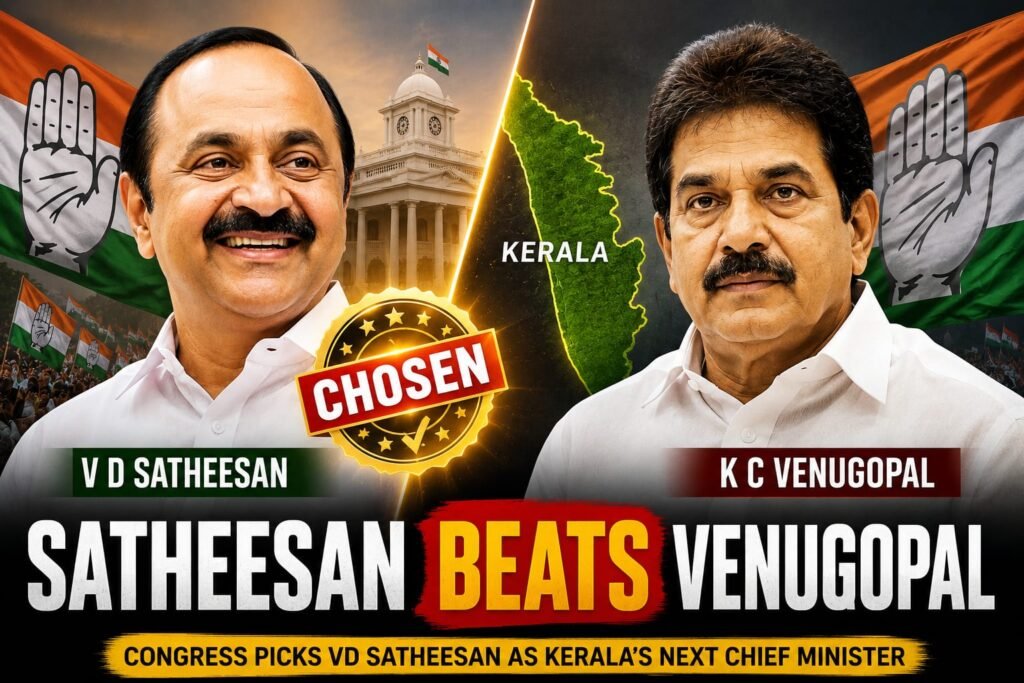 Split-screen comparison of V D Satheesan and KC Venugopal after Congress selected Satheesan as Kerala Chief Minister.
