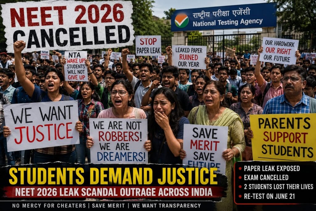 Medical aspirants and parents protest after the NEET 2026 exam was cancelled due to the leak scandal.

