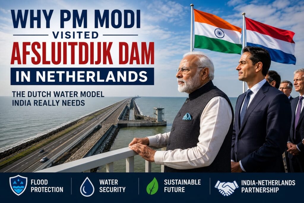 Narendra Modi standing at the Afsluitdijk Dam in the Netherlands during his official visit.