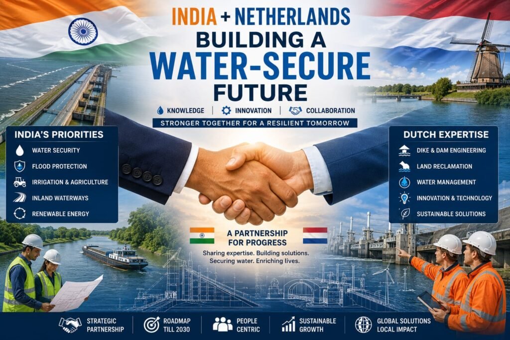 Indian and Dutch leaders shaking hands with water engineering graphics in the background.
