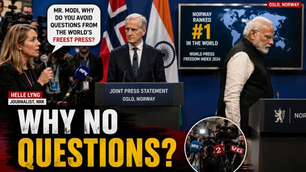 Helle Lyng questioning Narendra Modi during a Norway press conference.