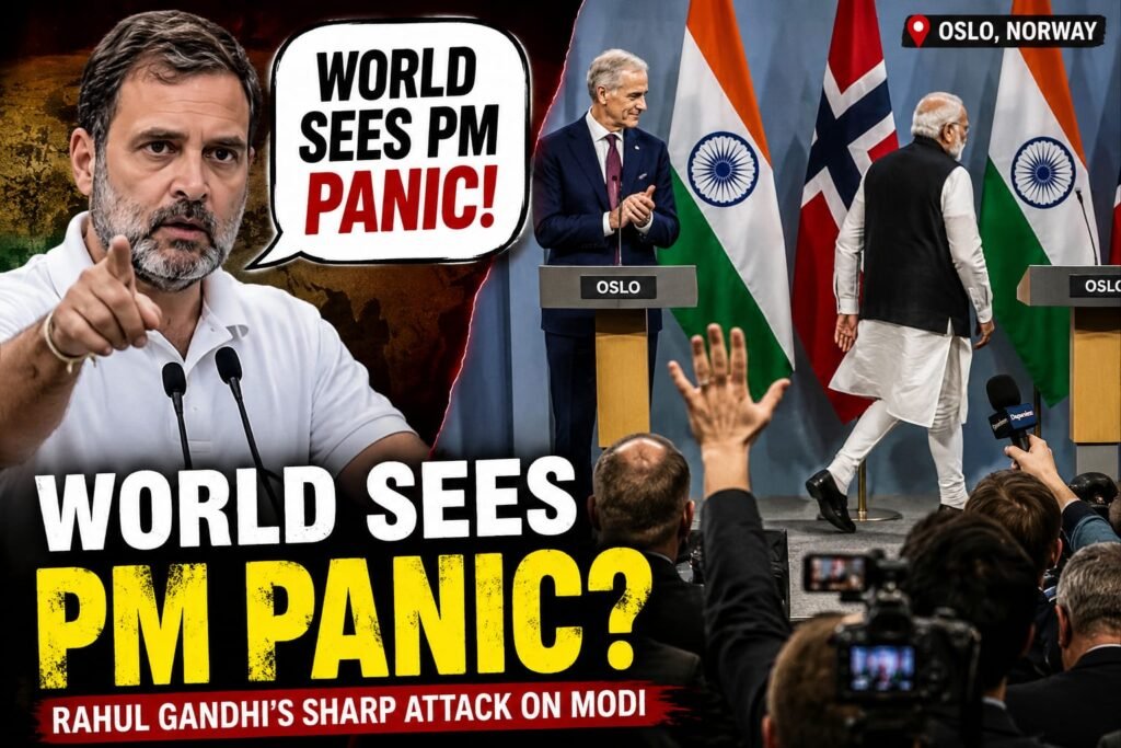 Rahul Gandhi criticizing Narendra Modi after a controversial Oslo press conference clip.