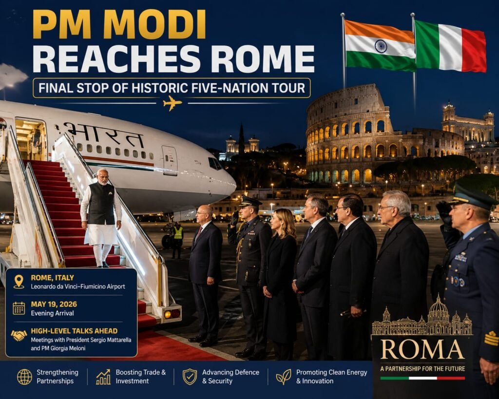 PM Modi Reaches Rome Final Stop of Historic Five-Nation Tour