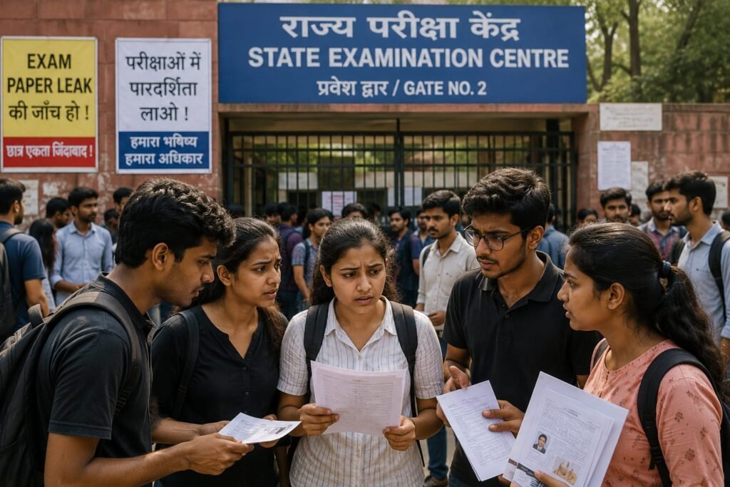 A group of students waiting outside an examination center, looking worried and discussing exam irregularities after reports of paper leaks and answer key errors.