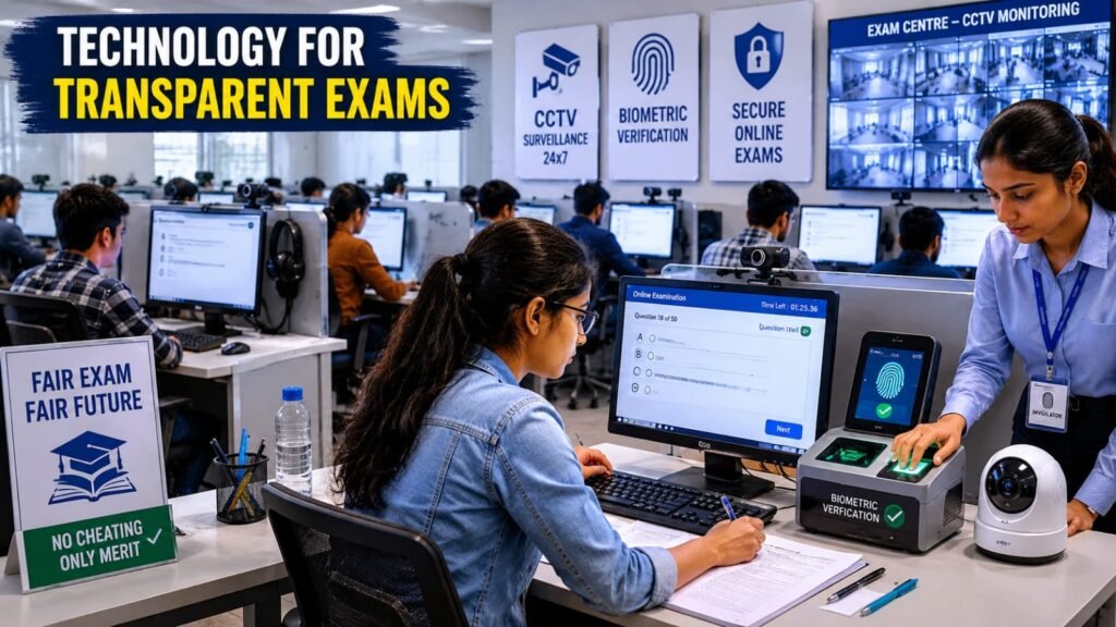 A digital examination center equipped with biometric verification, CCTV cameras, and computer-based testing systems, representing efforts to improve exam security.