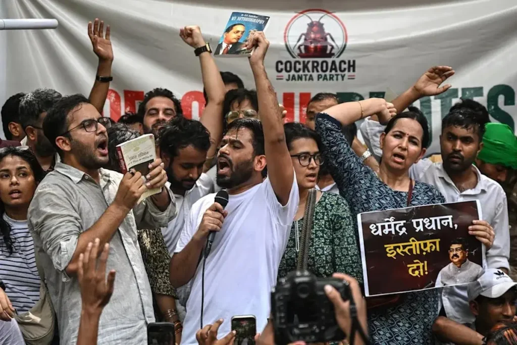 Students and job seekers gathered at Jantar Mantar during the Cockroach Janta Party protest in New Delhi.