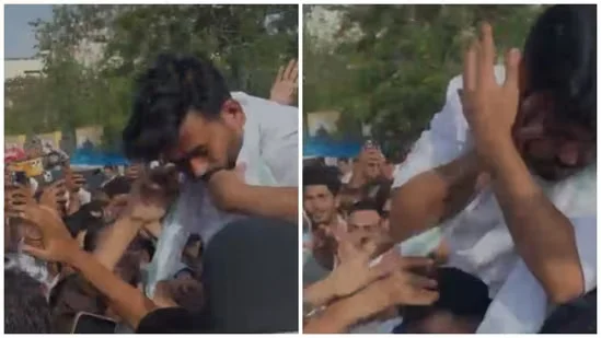 A crowded youth protest at Shaheed Smarak, Jaipur, where Cockroach Janta Party founder Abhijeet Dipke is surrounded by supporters as a sudden altercation breaks out amid demonstrations over the NEET paper leak and unemployment issues.