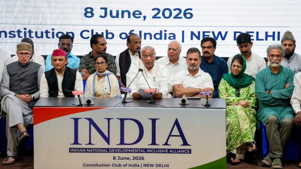 A professional editorial-style image showing opposition leaders seated around a conference table at the Constitution Club, discussing electoral reforms, NEET controversy, economic concerns, and parliamentary strategy.
