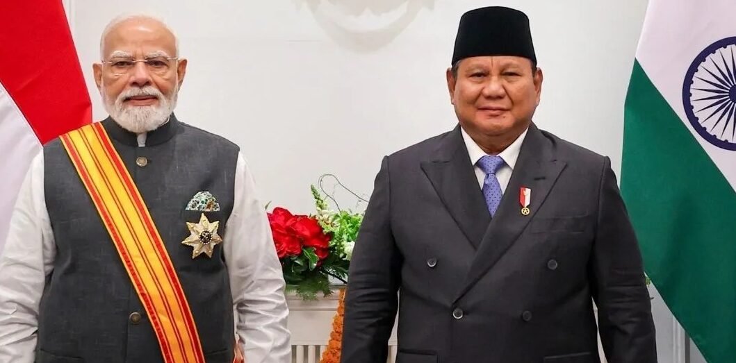 President Prabowo Subianto presents Indonesia's highest civilian award, the Bintang Adipurna, to Prime Minister Narendra Modi during his official visit to Jakarta.