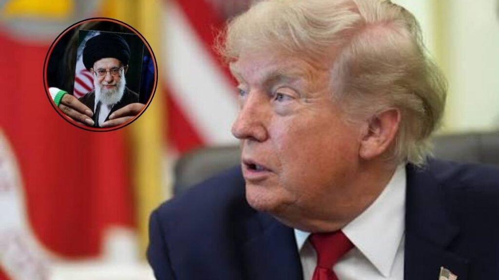 Donald Trump speaking with an image of Ayatollah Ali Khamenei's funeral and Iranian leaders in the background.