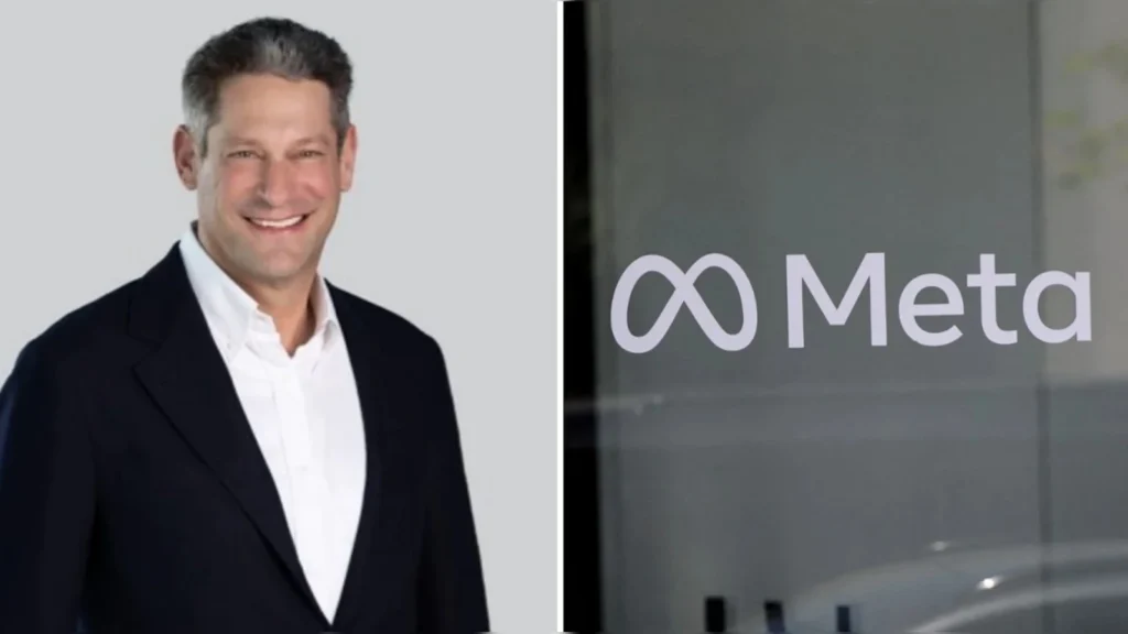 Illustration of Joel Kaplan walking into a government office with Meta branding in the background.