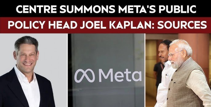 Illustration of Joel Kaplan walking into a government office with Meta branding in the background.